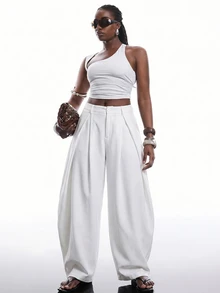 SHEIN EZwear 白色秋冬復古休閒街頭風寬鬆軍綠色圓弧下擺大尺碼長褲 - 白色 - 查看 7