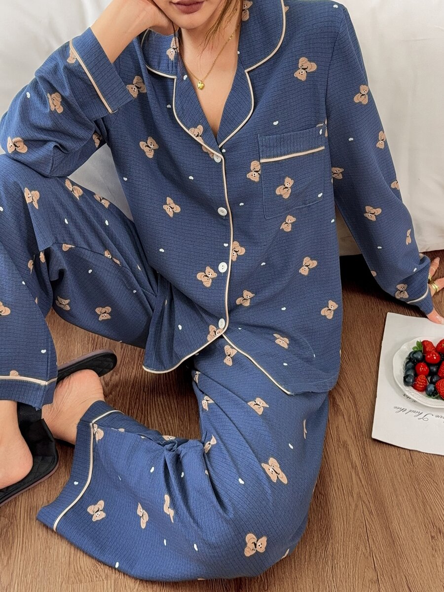 Napfluff 可愛卡通熊印花開襟領女款睡衣套裝 - 藍色 - 查看 1