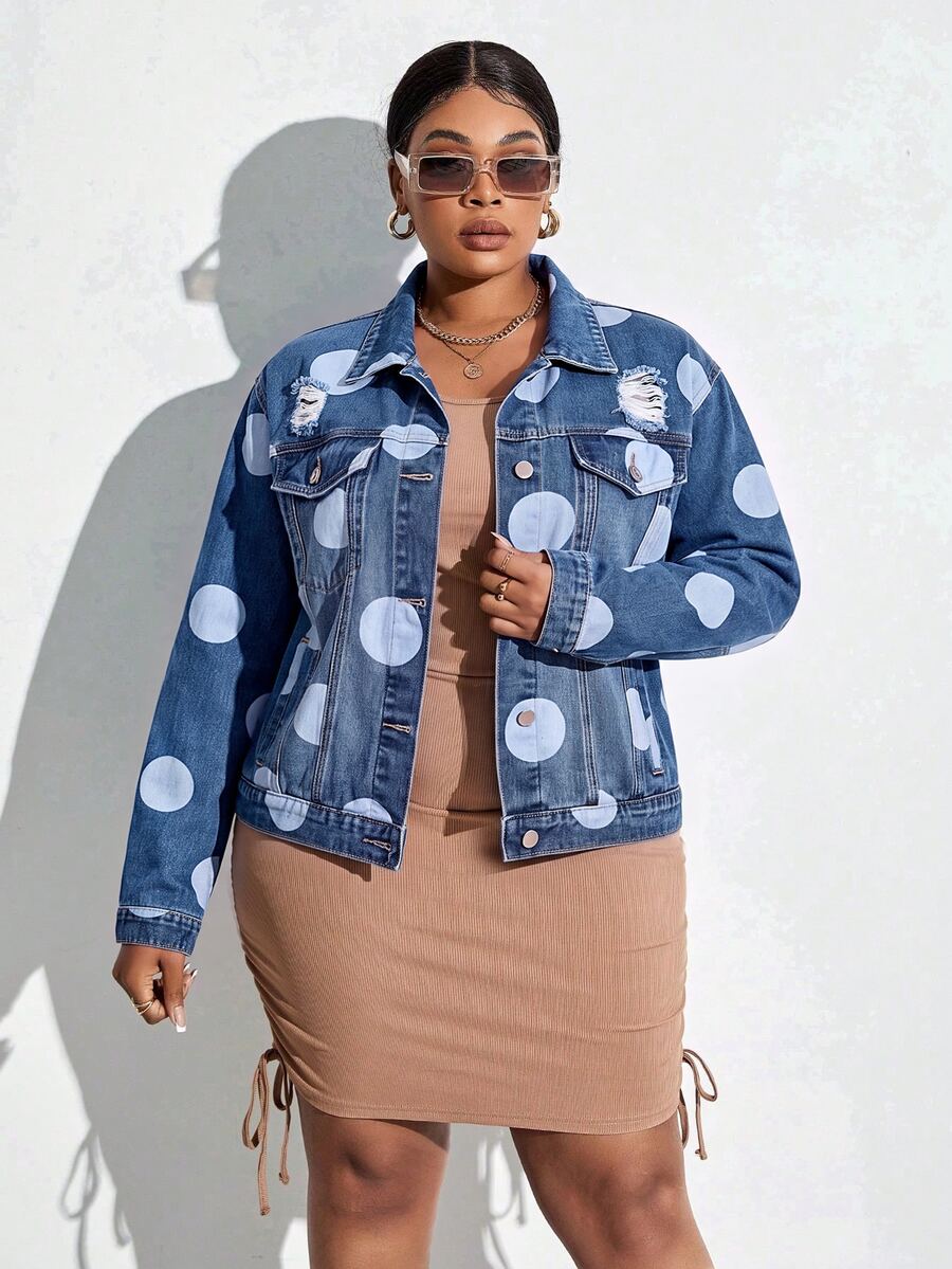 Slaydiva Plus Size Women's Polka Dot Pattern Distressed Single-Breasted Denim Jacket - Dark Wash - View 1