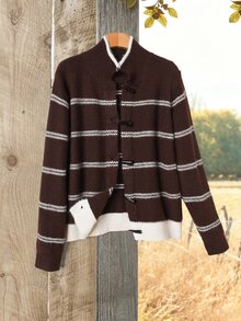 Rusticease Sweater Wanita Musim Gugur Musim Dingin Elegan Kasual Kancing Tanduk Wanita Lengan Panjang Bergaris Kardigan Rajut Pakaian Tahun Baru Atasan Bergaris Cokelat - Coklat - View 3