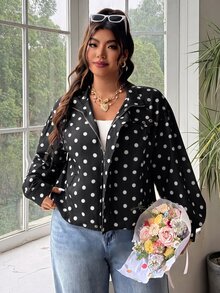 SHEIN EZwear 大尺碼女款波點休閒百搭日常長袖夾克 - 黑與白 - 查看 6