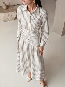 Mulvari Striped 2 In 1 Side Waist Knot Shirt Midi Dress - White - View 3