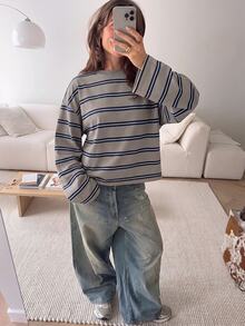 SHEIN EZwear 海外長袖草莓巧克力條紋上衣，秋季上衣，適合日常通勤、聚會、秋冬春夏、聖誕節、新年、感恩節、派對、婚禮、海灘、畢業典禮、優雅、外出、約會、通勤、情人節、優雅、度假、Y2K、畢業典禮等場合 - 彩色 - 查看 6