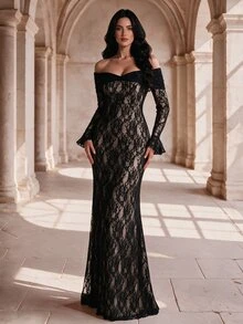 Coutiva Women's Off-Shoulder Flare Sleeve Lace Elegant Formal Evening Dress - Black - View 4