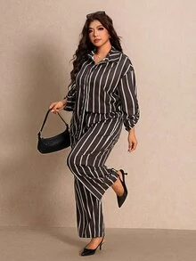 Elaquor 大尺碼女款條紋長袖單排扣襯衫與長褲休閒兩件套 - 摩卡棕 - 查看 3