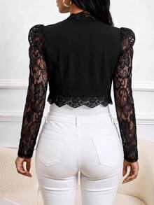 SHEIN Lady 女款對比蕾絲開襟優雅輕便外套 - 黑色 - 查看 2