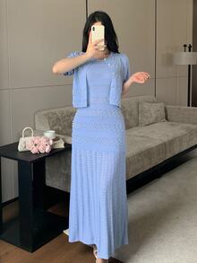 Modelyn Women's Faux Pearl Decorated Short Sleeve Knit Cardigan And Knit Skirt 2 Pieces Set - Baby Blue - View 6