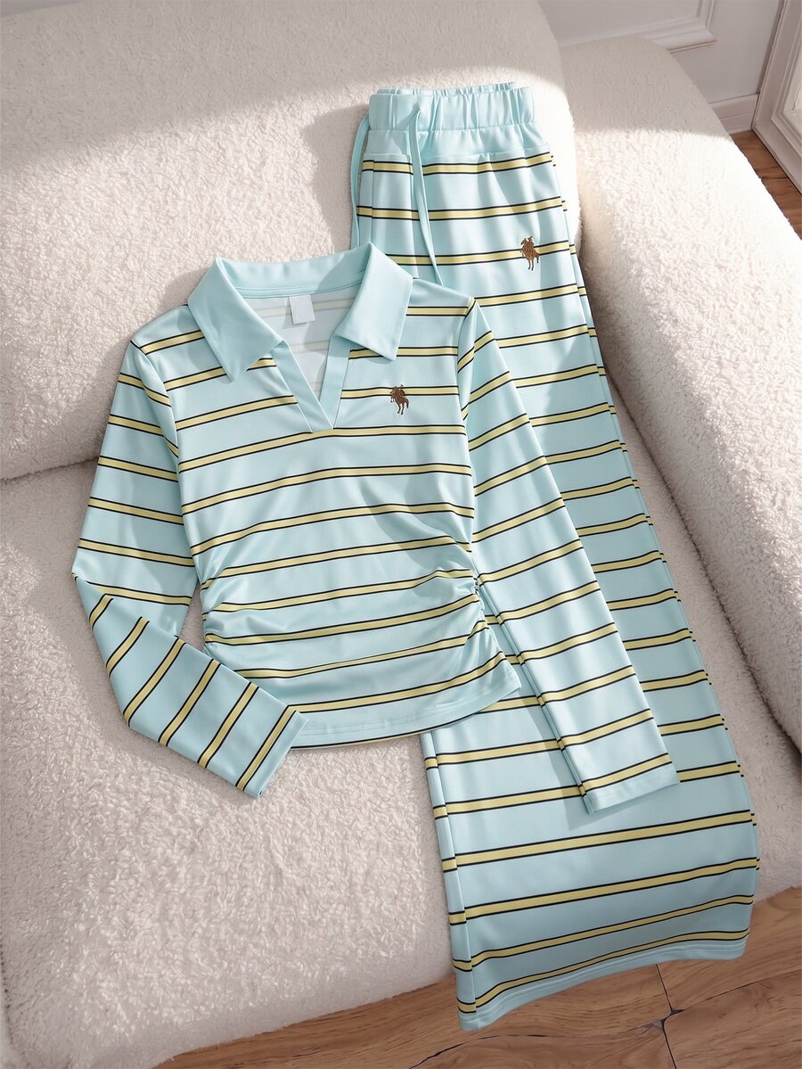 Girls' Casual Versatile All-Match Daily Slim Fit Short Pony Print Long Sleeve Knit T-Shirt Top + Elastic Straight Leg Striped Pants Set, Suitable For Daily Commute, School, Sports Wear - Blue - View 1