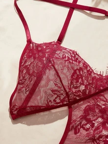 Charlaine Plus Size Sexy Lace Sheer Nightgown - Burgundy - View 3