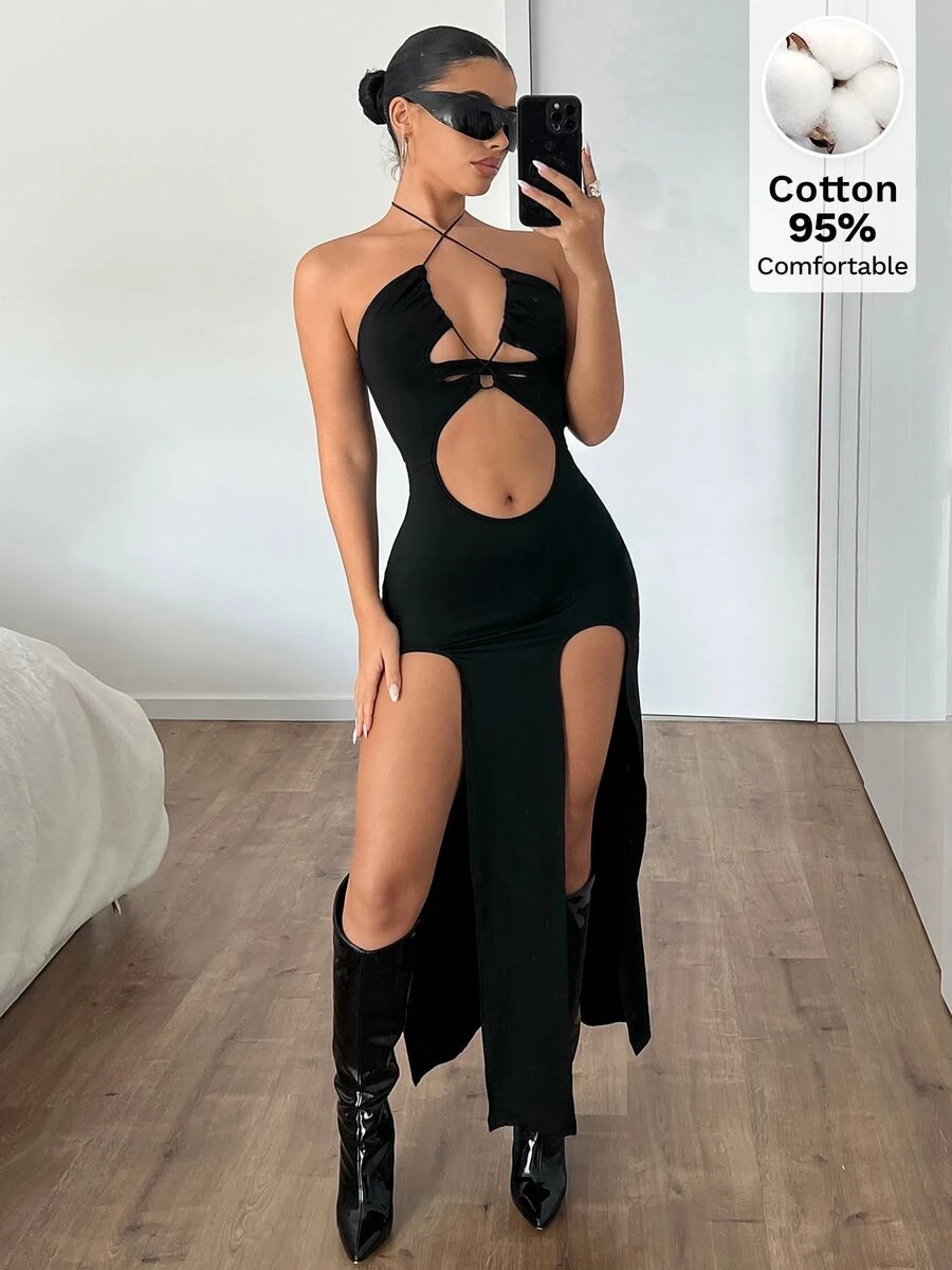 SHEIN ICON Women's Halter Neck Tie Waist Hollow Out High Slit Black Bodycon Dress - Black - View 1
