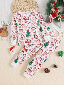 SHEIN Young Girl Casual Comfortable Cute Christmas Style Printed Pattern Fitted Pajama Set - Multicolor - View 2