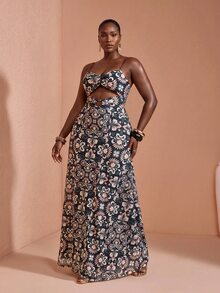 JIAN LASALA Gaun Wanita Ukuran Plus dengan Motif Jala Seluruh Permukaan dan Tali Bahu Tipis, Model Bustier dengan Potongan Cincin-O - MultiWarna - View 4