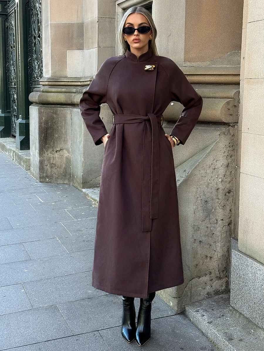 Aloruh Women's Solid Color Raglan Long Sleeve Metal Single Button Elegant Overcoat Autumn Outfit For Women Winter Clothes - Coffee Brown - View 1