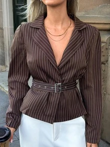 Aloruh Women's Striped Pleated Casual Commute Blazer - Coffee Brown - View 3