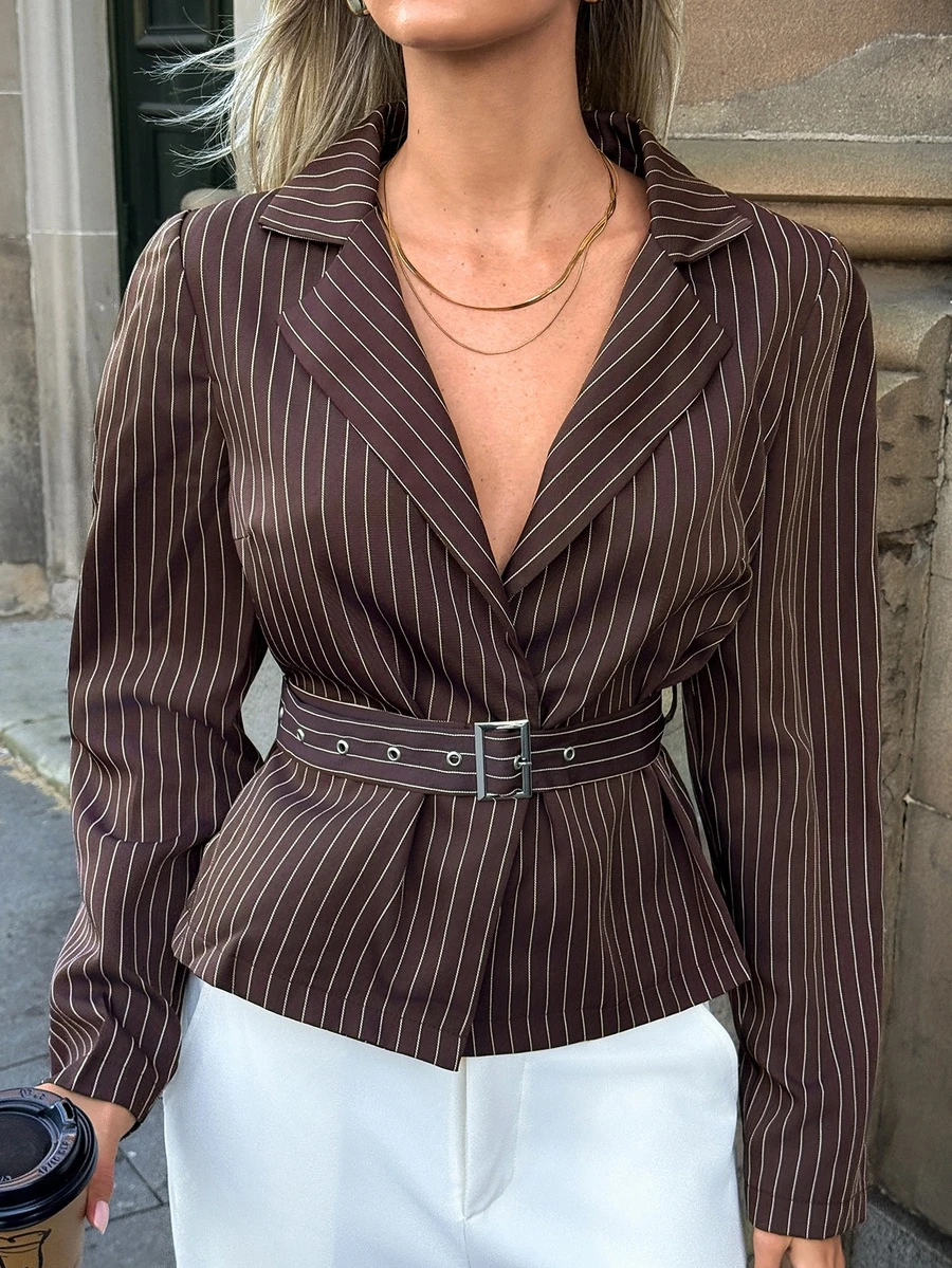 Aloruh 女款條紋百褶休閒通勤西裝外套 - 咖啡棕 - 查看 1