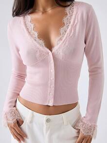 Comfortcana Women's Solid Color Contrast Lace Long Sleeve Knit Cardigan - Pink - View 5