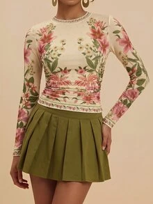 Travachic 女款花卉印花圓領長袖修身時尚上衣 - 彩色 - 查看 4