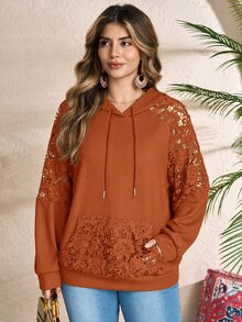Rusticease Áo nỉ hoodie dây rút tay dài raglan phối ren tương phản màu trơn cho nữ size lớn - Rỉ Nâu - Xem 8