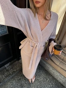 Aloruh Women's Solid Color Dropped Shoulder Long Sleeve Knit Cardigan And Knit Skirt Set - Mocha Brown - View 7