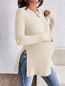SHEIN 孕婦純色圓領長袖側開衩下擺休閒T恤 - 杏色 - 查看 4