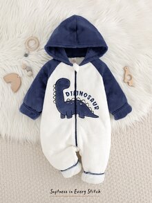 Cozy Pixies Baby Boy Cartoon Dinosaur Pattern Thermal Lined Colorblock Hooded Long Sleeve One-Piece Autumn Winter Jumpsuit, Versatile And Comfortable - Navy Blue - View 4