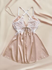 Charlaine Plus Size Lace Patchwork Backless Halter Neck Nightgown - Champagne - View 2