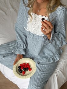 DAZY Women's Contrast Lace Plaid Long Sleeve Top And Pants Pajama Set - Green - View 1