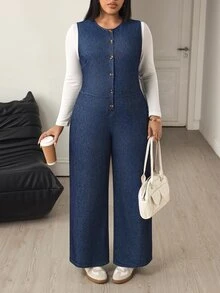Flexra Jumpsuit Denim Kasual Wanita Ukuran Besar - Dark Wash - View 8