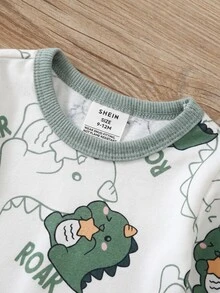 男女嬰兒適用 貼身款 秋冬可愛恐龍圖案 柔軟舒適緊身睡衣家居服套裝 2件組，嬰兒睡衣，柔軟舒適 - 彩色 - 查看 4
