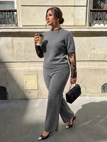 Firerie Women's 2 Pieces Knit Set With Lace Patchwork Round Neck Short Sleeve Textured Sweater And Draped Long Pants Winter - Grey - View 3