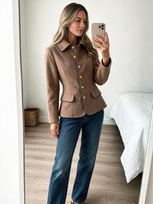 Louniche Elegant Casual Brown Button Blue Trim Women's Overcoat - Brown - View 7
