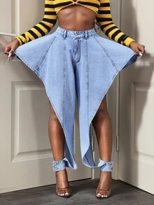 Slaydiva Plus Size Women's Asymmetrical Cutout Casual Versatile Daily Wear Denim Jeans - Blue - View 4