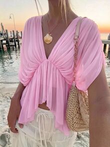 Aloruh Women's Solid Color V-Neck Batwing Sleeve Ruffle Hem Fashion Top - Baby Pink - View 7