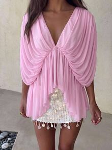 Aloruh Women's Solid Color V-Neck Batwing Sleeve Ruffle Hem Fashion Top - Baby Pink - View 1