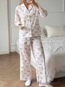 DAZY Women's All-Over Print Long Sleeve Top And Pants Casual Daily Home Sleepwear Set - Pink - View 7