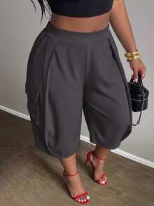 Slaydiva Plus Size Women's Pants, Burgundy Belt Cargo Pocket Wide Leg Cropped Culottes - Grey - View 8