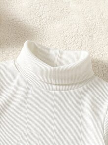 SHEIN Baby Girl Baby Boy White High Neck Ribbed Thick Elastic Pullover Top Casual Versatile Base Layer Long Pants Set Suitable For Winter - White - View 4