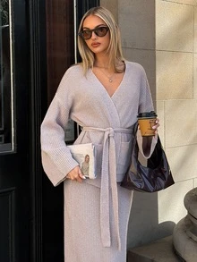 Aloruh Women's Solid Color Dropped Shoulder Long Sleeve Knit Cardigan And Knit Skirt Set - Mocha Brown - View 5