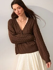 Willow Rêve Women's Brown Cable Knit Side Tie Waist Long Sleeve Cardigan - Coffee Brown - View 3