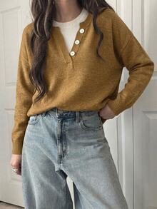 DAZY Atasan Kerah Henley dengan Desain Blok Warna Longgar, Sweater Rajut Lembut 2 in 1 untuk Wanita - Kuning - View 4