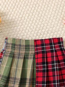 SHEIN Young Girl 紅色與白色格紋百褶迷你休閒洋裝，可愛秋季返校親子套裝，萬聖節與聖誕派對適用 - 彩色 - 查看 5