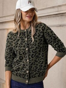 SHEIN Clasi 女款豹紋休閒百搭日常外出開襟衫 - 軍綠色 - 查看 6
