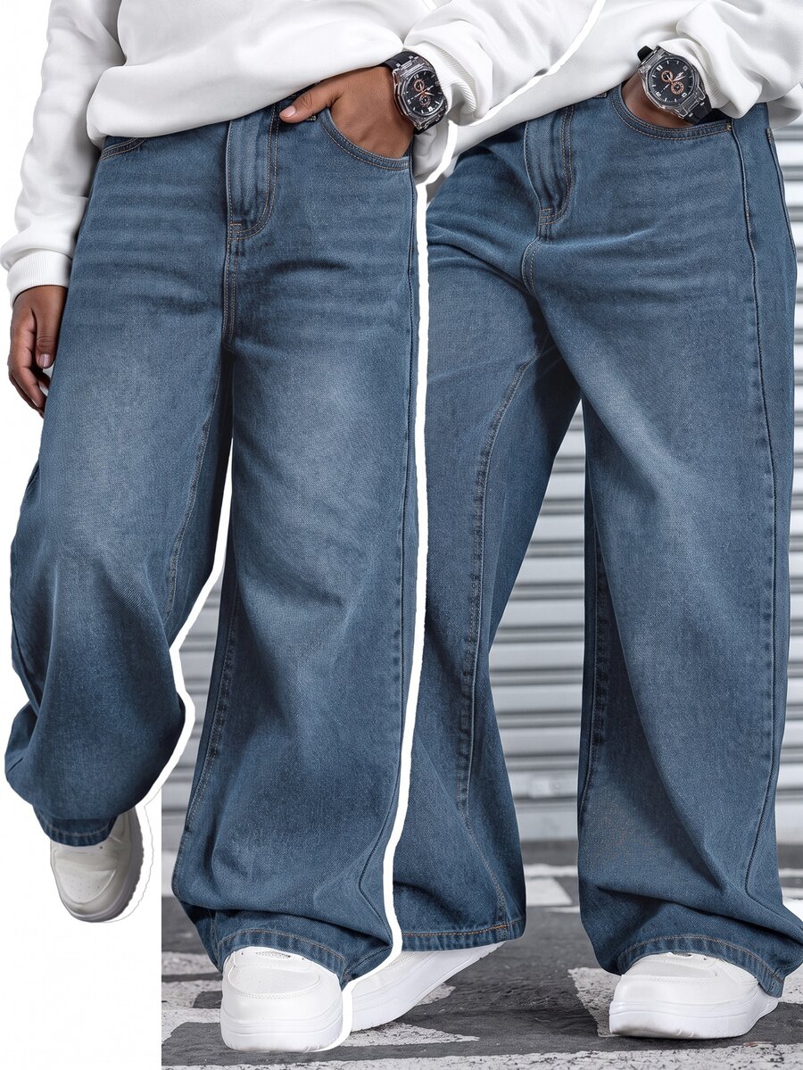 SHEIN Quần jean denim mặc thường ngày phong cách casual cho bé trai tuổi teen, có túi - Rửa trung bình - Xem 1