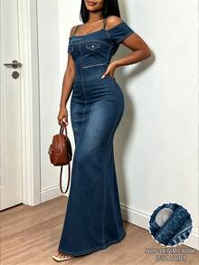 Eryvara Gaun Panjang Wanita Model Bahu Terbuka dengan Motif Denim dan Tali Bahu Tipis - Biru - View 5