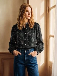 Écloséra Women's Long Sleeve Floral Print Patchwork Solid Color Loose Elegant Blouse For Date, Party And Commute - Black - View 2