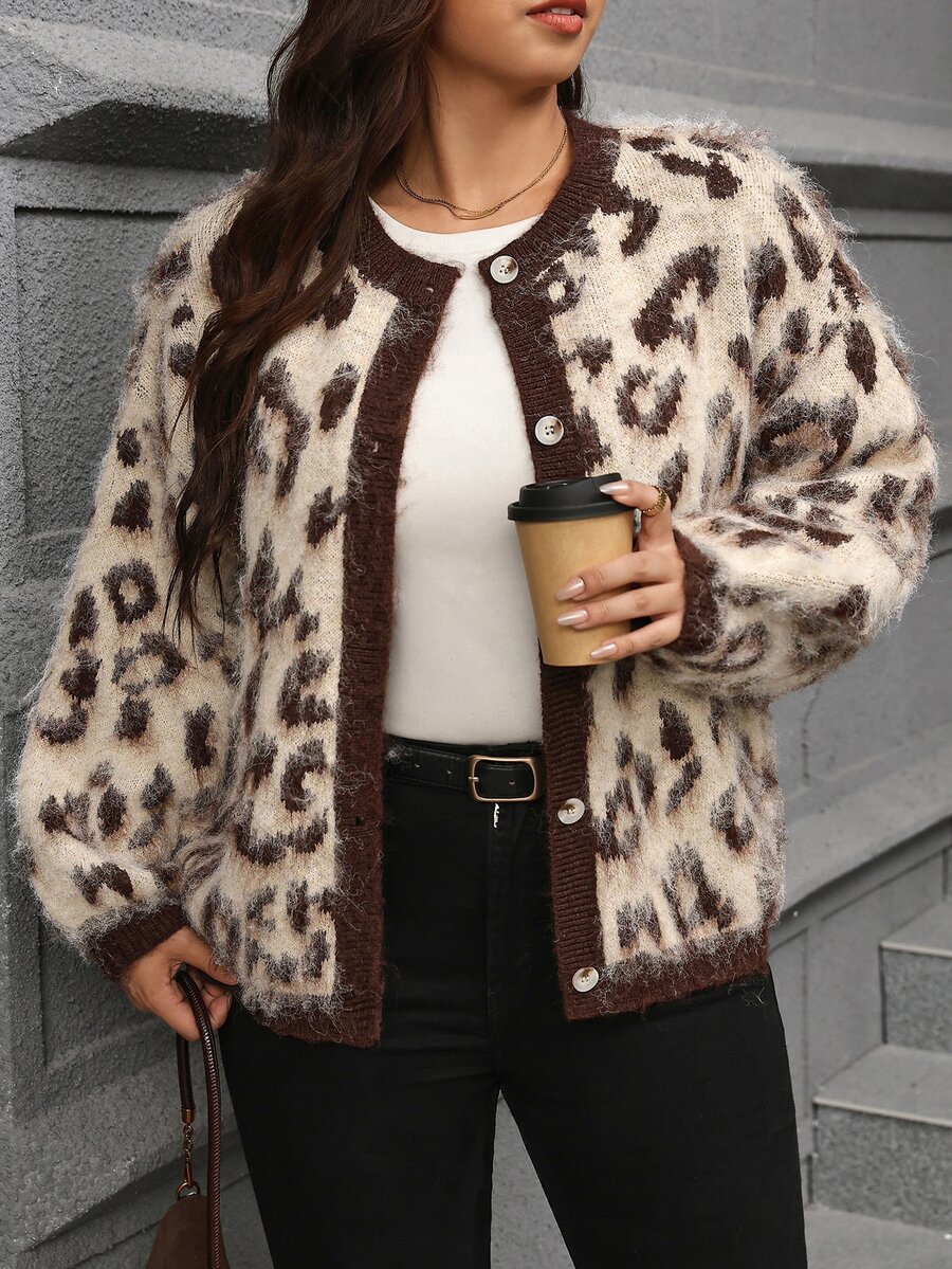 SHEIN Clasi Plus Size Leopard Print Contrast Color Drop Shoulder Long Sleeve Knit Cardigan, Autumn/Winter Chic Unique - Brown - View 1