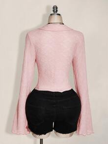 SHEIN ICON ICON PLUS 生菜邊飾不對稱下擺透視上衣 無內衣設計 大尺碼女式襯衫-1891,Y2k秋季 - 粉色 - 查看 2
