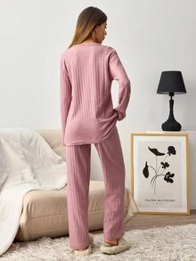 SHEIN Women Heart Embroidery Ribbed Crew Neck Long Sleeve Top And Straight Leg Pants 2-Piece Casual Pajama Set - Dusty Pink - View 2