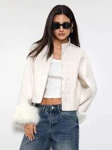 Maija Women's Solid Color Frog Button Design Patchwork Faux Fur Cuff Chinese Style Overcoat,Going Out Outfits, Work Outfits For Women,Fall Clothes - Apricot - View 4