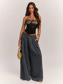 SHEIN BAE Winter Clothes Women's Grey Striped Loose Casual Long Pants Elegant Party Beach Wedding Halloween Christmas - Dark Grey - View 4